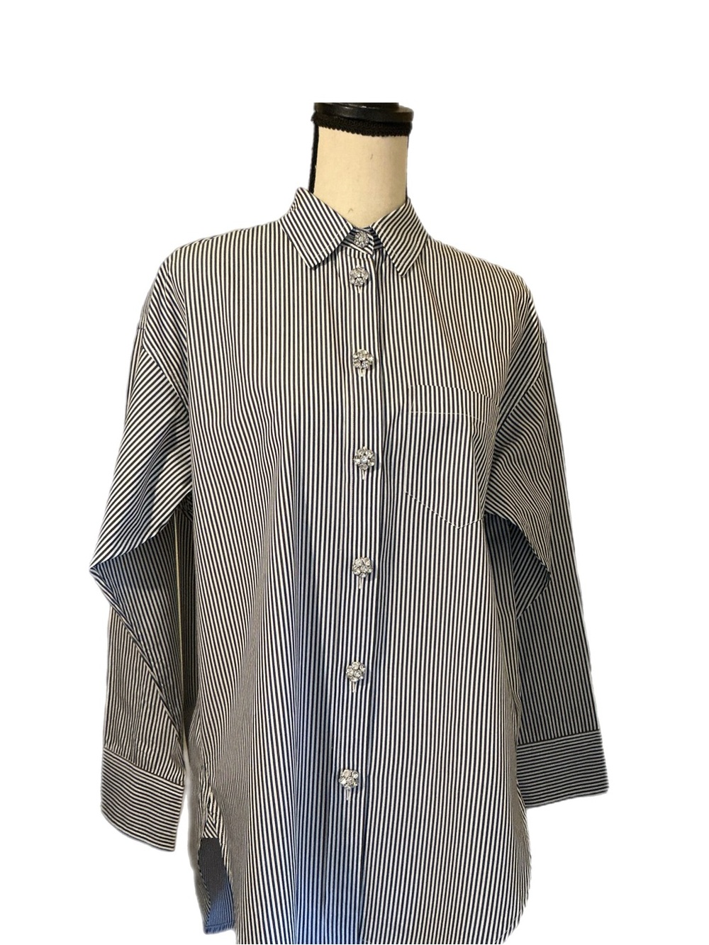 J.Crew Relaxed Size 4 Gray White Striped Button Down Shirt Rhinestone buttons